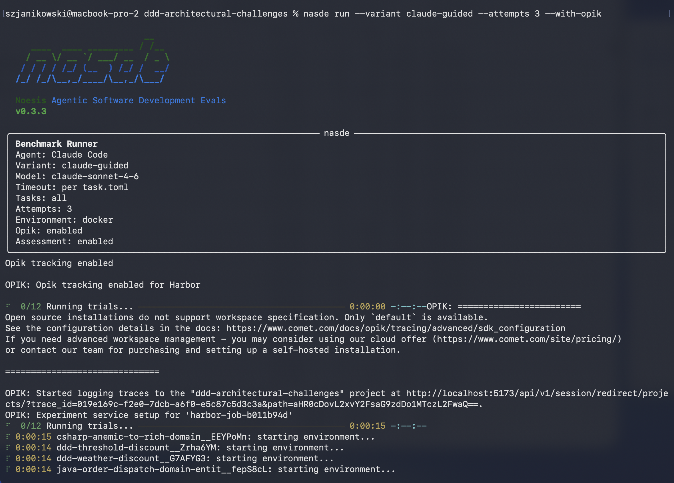 nasde run in the terminal — the Benchmark Runner banner showing agent, variant, model, attempts, Opik and assessment status, then trials starting